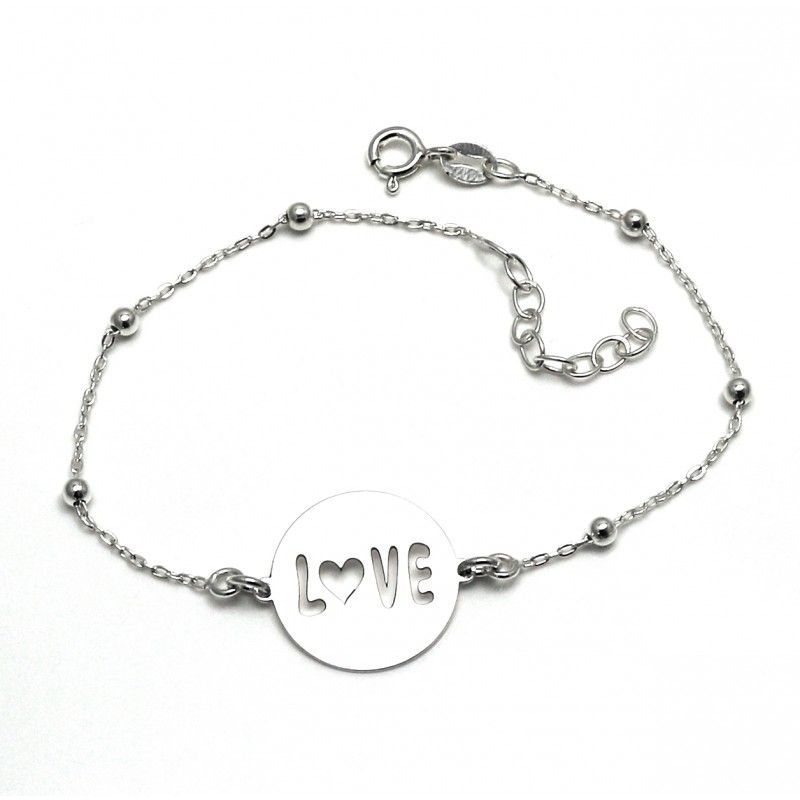 Pulsera de Plata de ley cadena con bolitas chapa LOVE